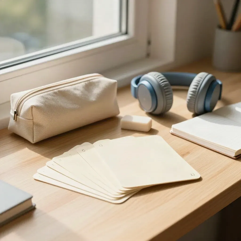 Kit per inglese base su superficie in legno chiaro con flashcard, cuffie, gomma e quaderno chiuso.