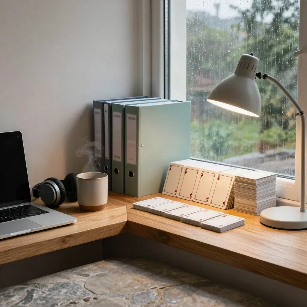 Angolo studio con flashcard, raccoglitori, cuffie e laptop chiuso, luce mattutina dopo la pioggia.