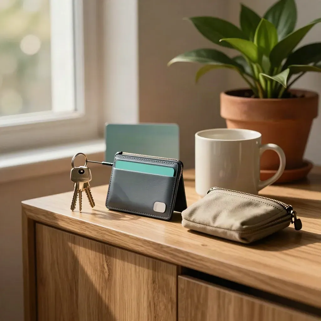 Angolo d’ingresso con chiavi, portacard, tazza, pianta e pochette in luce calda
