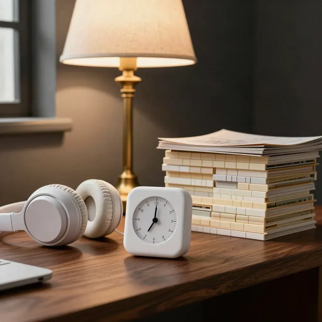Timer bianco, cuffie e moduli studio illuminati da una lampada su un piano scuro.
