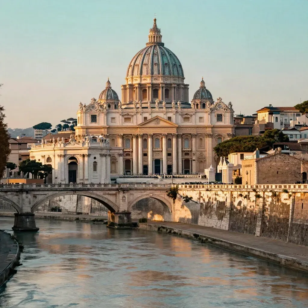 Panorama di Roma al tramonto con cupole e Tevere nella luce calda.