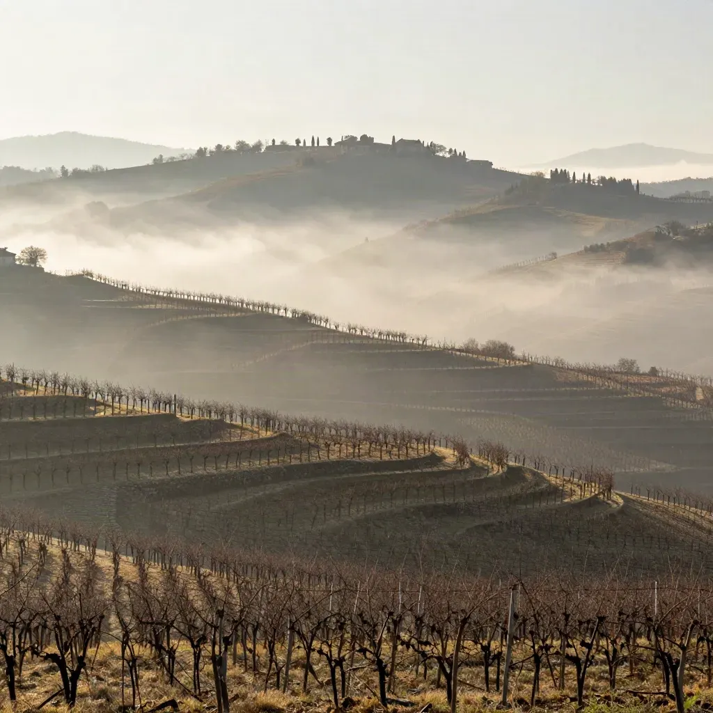Vigneti del Piemonte nella nebbia mattutina con le Alpi sfumate sullo sfondo.
